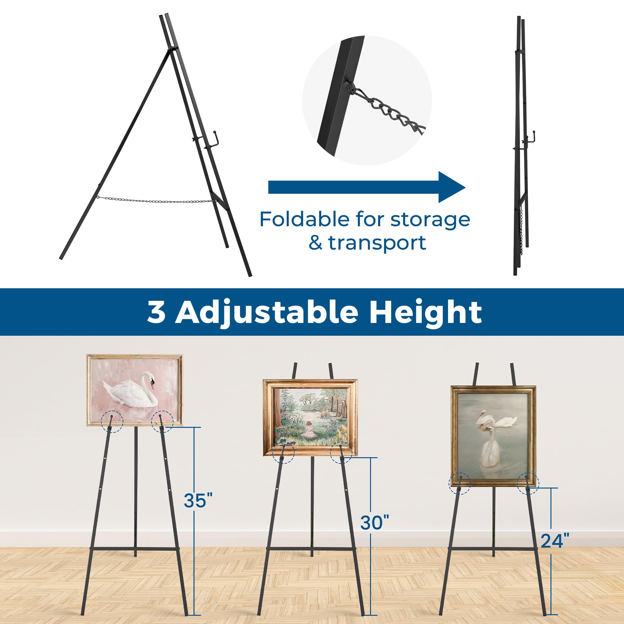Easel For Painting Easel Stand For Display, 2 Pack Easel 63 Inch Portable Easel For Wedding Sign Poster Easel White Boards Collapsible Painting Art Easel For Floor Telescoping Metal Easel Tripod Black