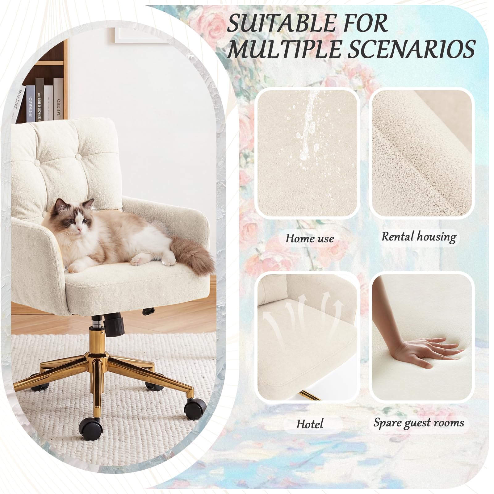 Silla Terciopelo, 360° Silla Giratoria con Respaldo y Reposabrazos, Sillas Escritorio Beige