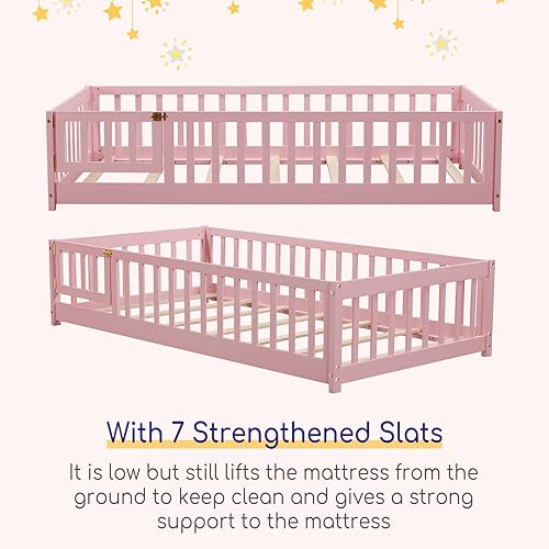 Miniatura 6 de Tatub Cama de suelo de tamaño individual con barandillas de seguridad puerta y listones marco de cama para niños pequeños para niñas y niños cama de