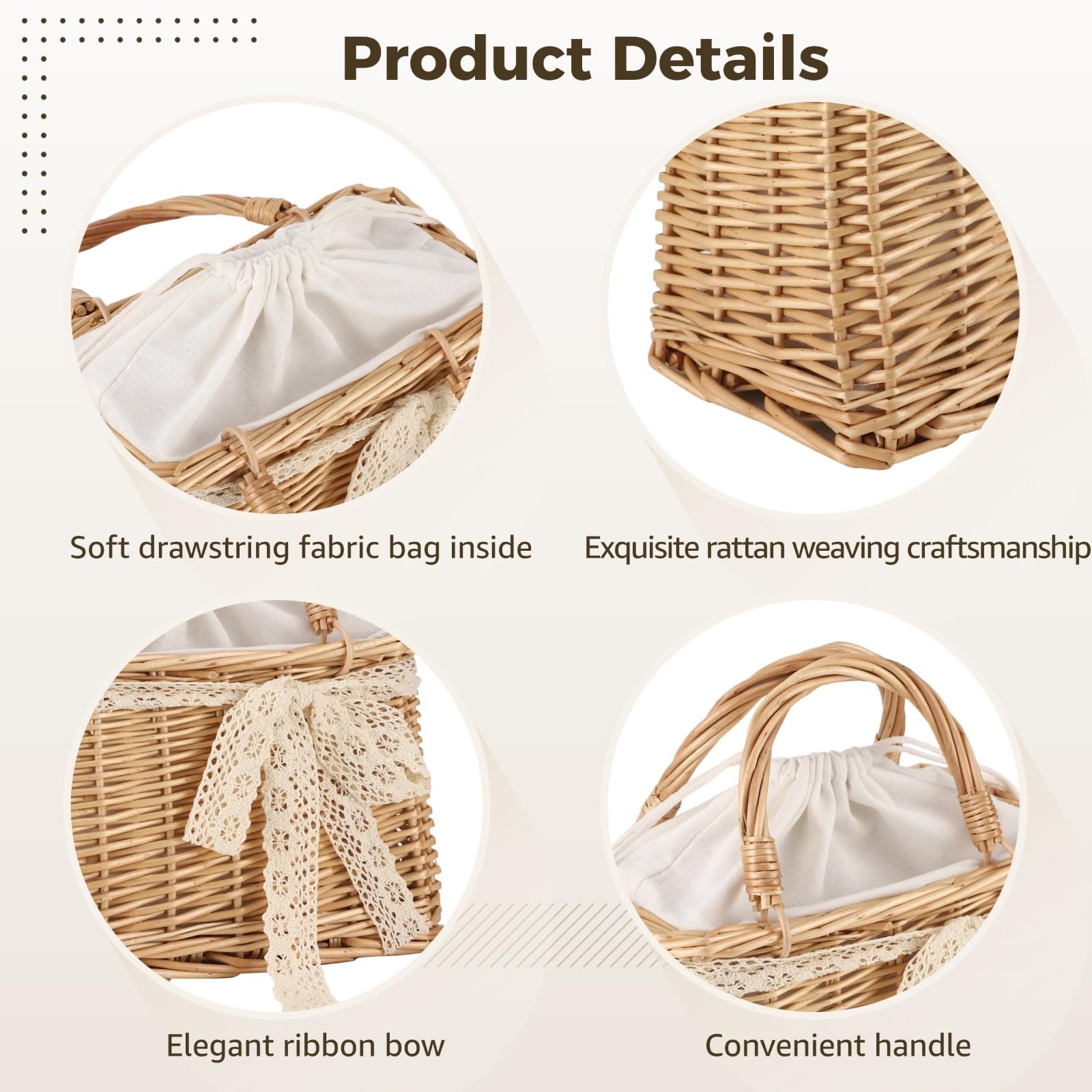 Panier en Osier tissé à la Main, Sac de Plage rectangulaire, Panier à Fleurs Portable Rustique en rotin avec Ruban décoratif et poignée Solide, idéal pour Voyage, Vacances et Mariage