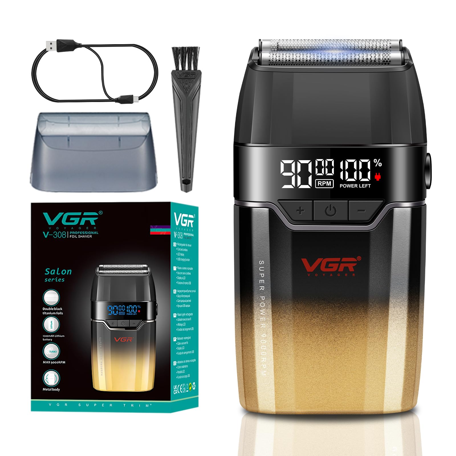 VGR 308 Rasoio Elettrico Barba Professionale Senza Fili, Foil Shaver con Lama a Doppio Strato in Titanio Floating E Motore da 9000RPM, Rasoio Barba Elettrico con Display LED, Ricarica USB, Oro