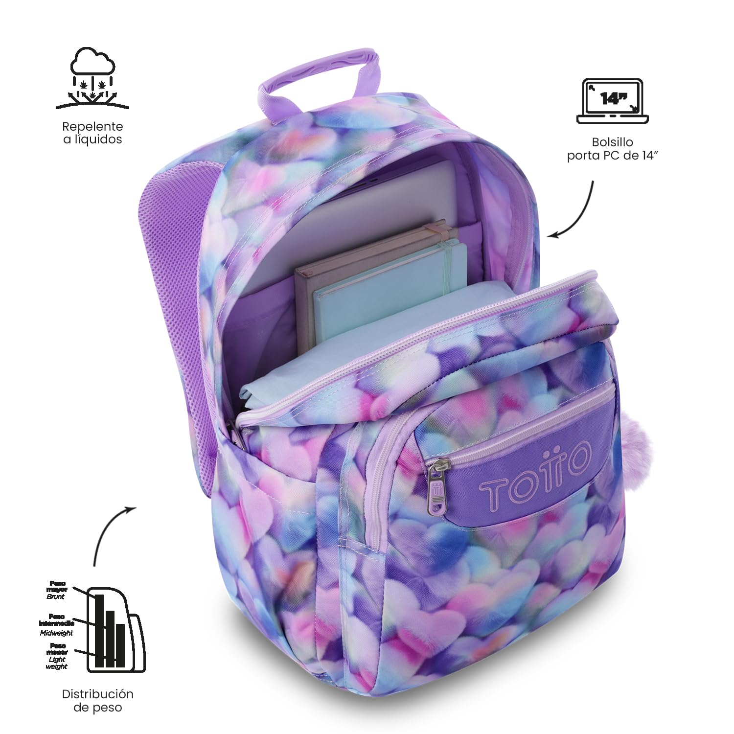 TOTTO - Mochila Escolar Adaptable a Carro, Modelo Acuareles Glitter, Capacidad 20L, Bolsillo para Pc 14", 2 Bolsillo Botella, Espaldar Ergonómico con Flujo de Aire, Correas en S, Estampado Kory Morado