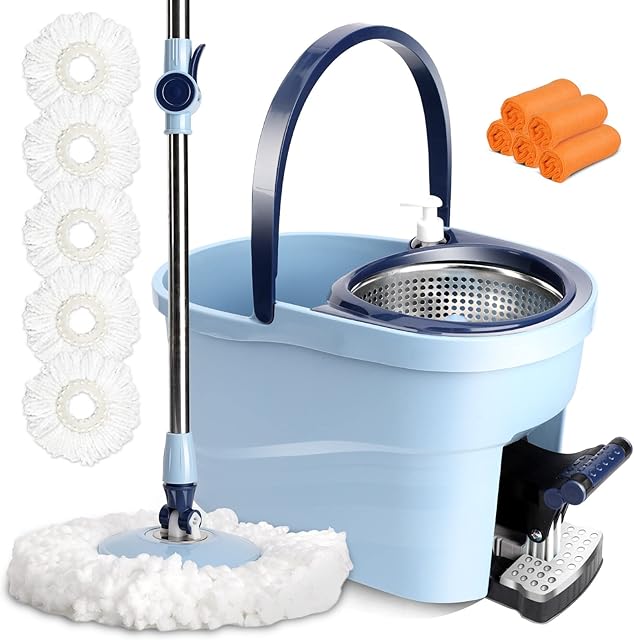 Masthome Mop and Buckets Sets, Spin Mop and Bucket Set with Wringer and 5 Microfibre Pads, Mop and Buckets for Wooden Laminate Floors, Send 5 Cleaning Cloth