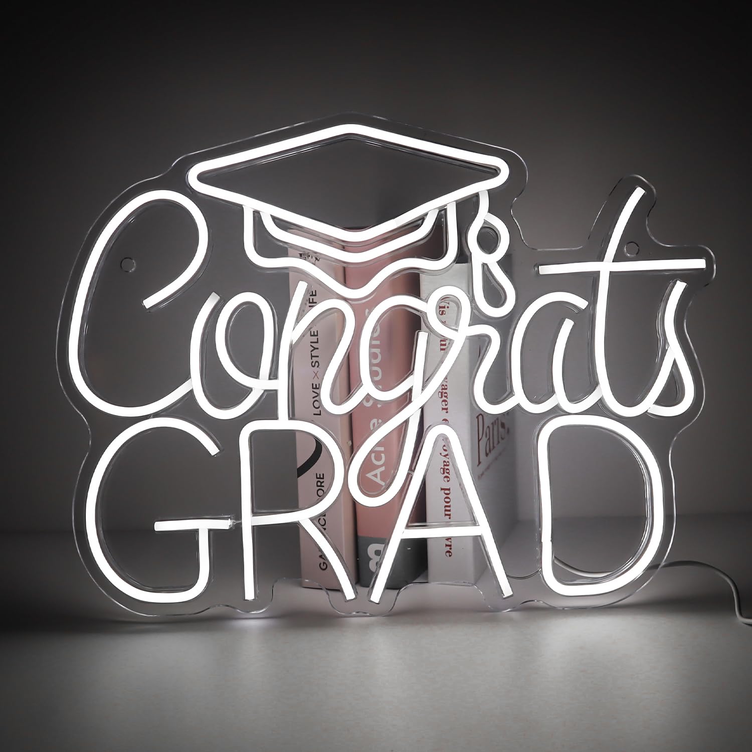 Photo 1 of “Congrats Grad” White Neon Sign – 16.5×12.6 in Crisp LED Backdrop for Grad Photos, 6000K Bright Light, Dimmable with Wired Dimmer, Includes Wall Anchors – Tech Grad Gift