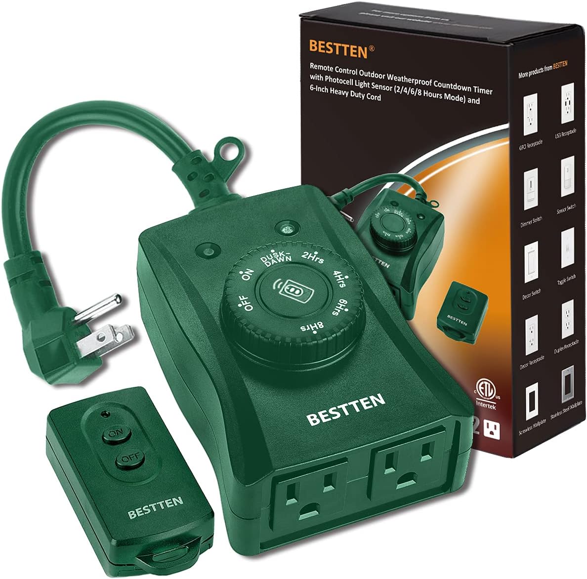 BESTTEN Remote Control Outdoor Timer Outlets with Dusk to Dawn and Photocell Countdown, 2 Grounded Outlets, Green, ETL and FCC Certified : Tools & Home Improvement