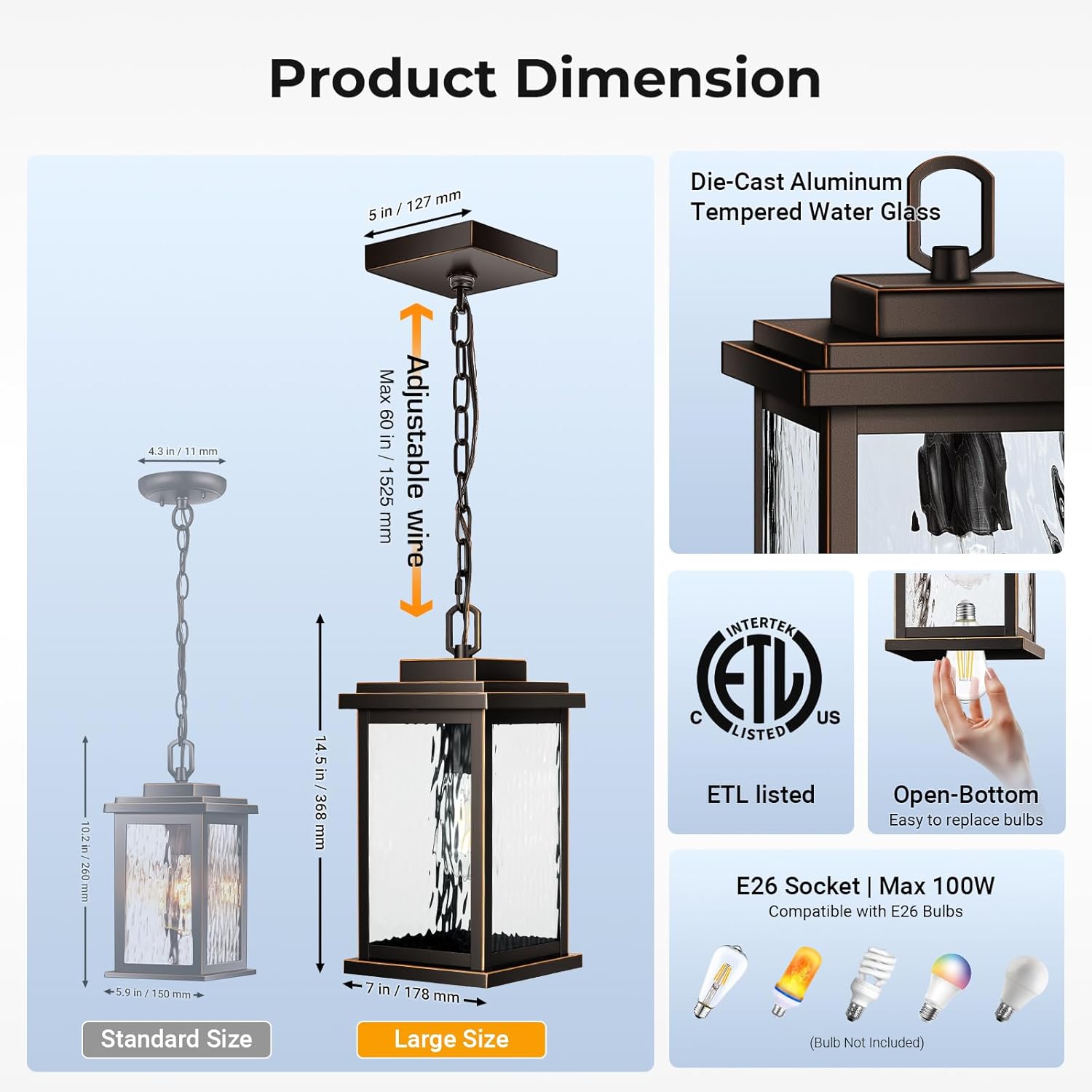 VIANIS Large Outdoor Pendant Light Fixtures with Water Glass, Anti-Rust Waterproof Hanging Light Fixture with Adjustable Wire, Easy-to-Install Outdoor Hanging Lantern for Porch, Garden, Garage