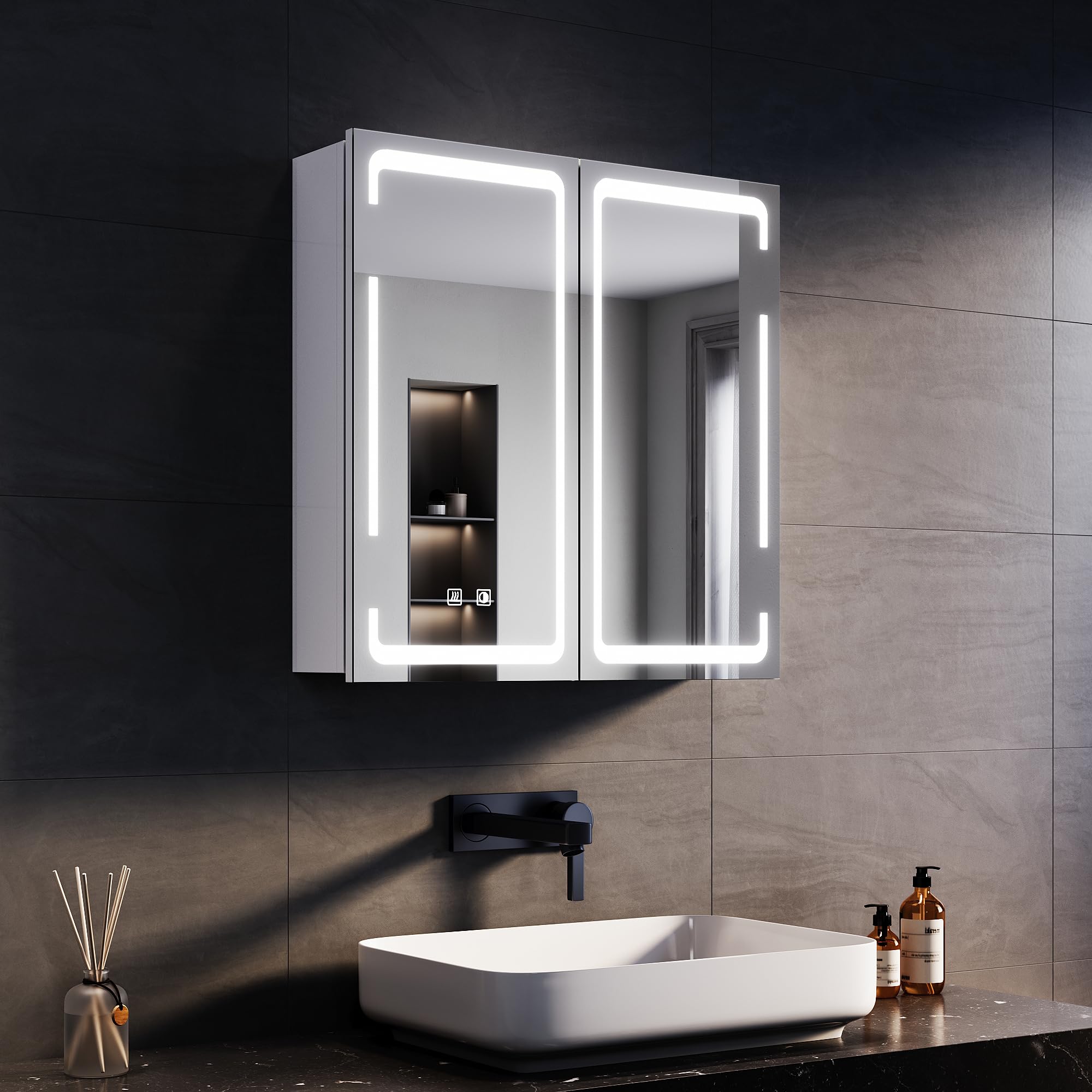 SONNI Armadietto Specchio Bagno con Illuminazione, 3 Colori Luce Regolabile Antiappannamento LED, Mobile Bagno con Specchio Verniciato Ferro a Singola, Design Armadietto Medicina,59x60x14cm