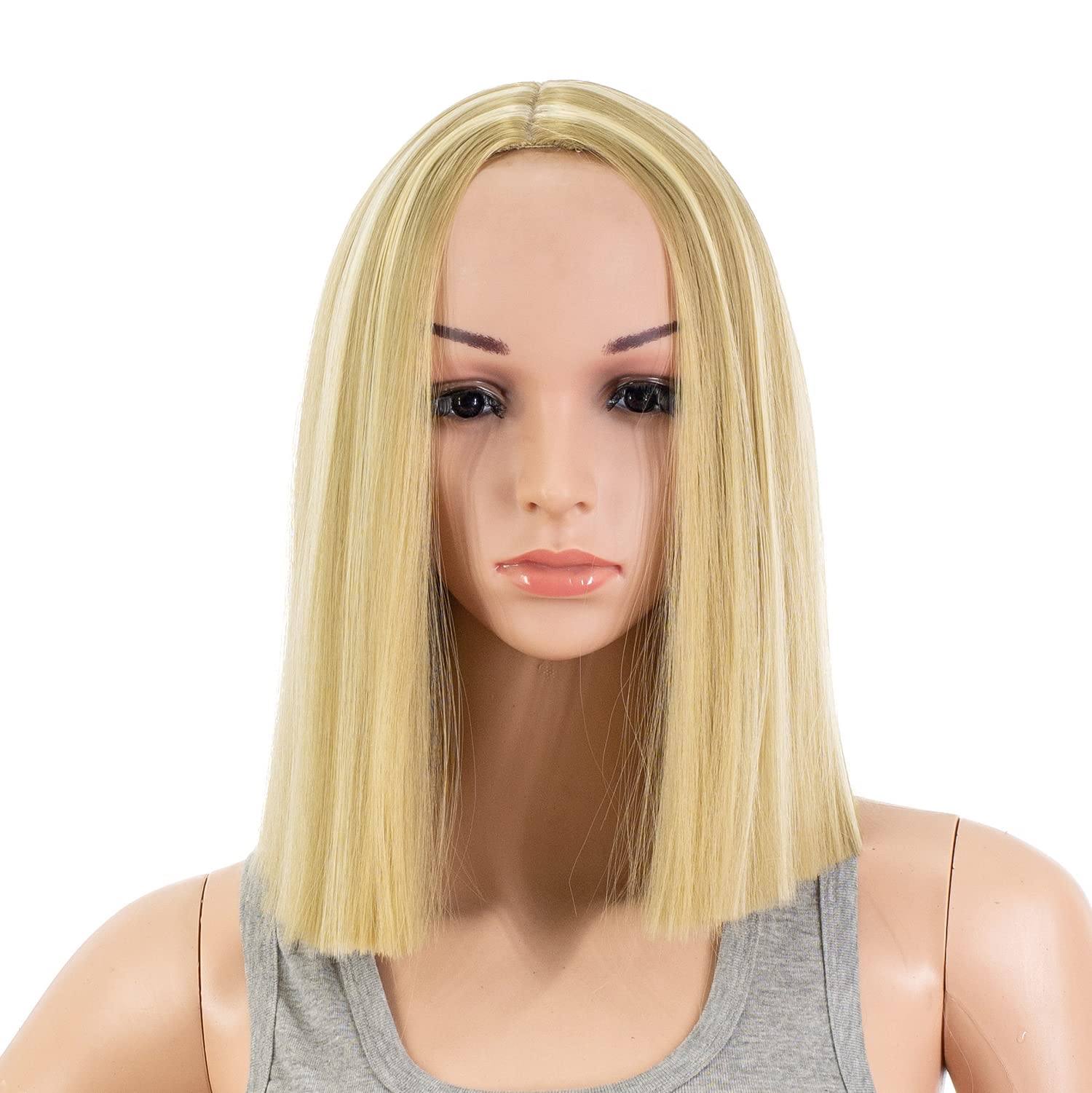 SWACC 12 Inch Short Length Straight Middle Part Hair Wig Synthetic Heat Resistant Wigs for Women with Wig Cap (Dirty Blonde Highlights)