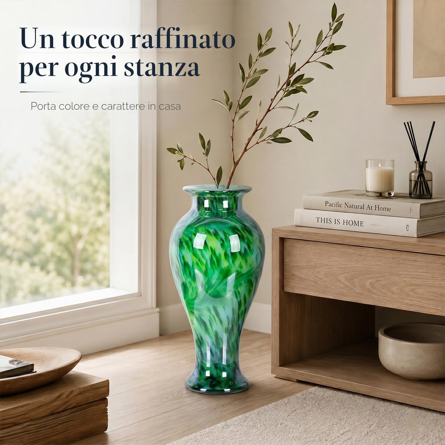 Vaso di vetro verde alto 50,8 cm, soffiato a mano, grande vaso di vetro da pavimento, decorazione per la casa, graziosi moderni vasi di fiori verde scuro, Jarrones Grandes para Sala Elegantes, grandi