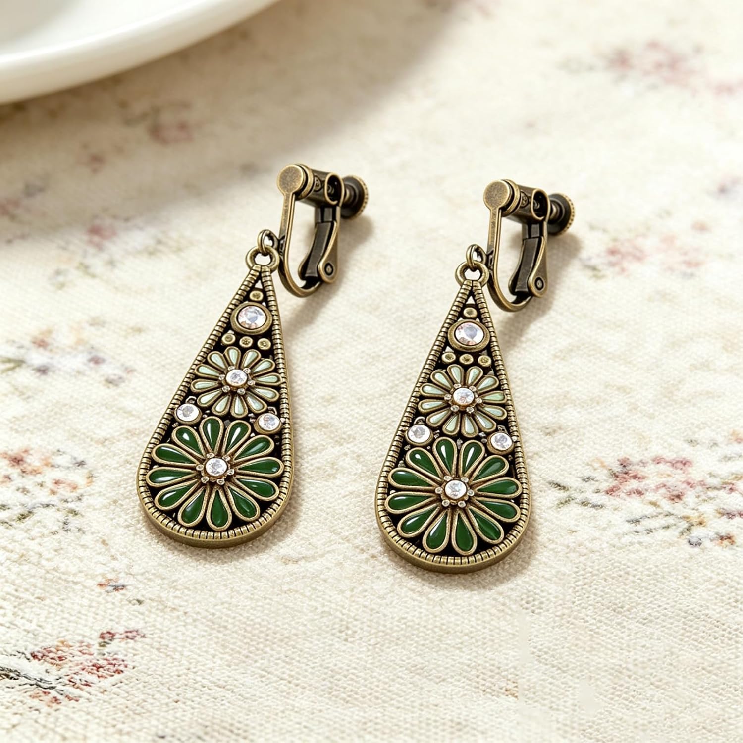 MALOYANVE Bohemian Crystal Teardrop Clip on Earrings for Women Vintage Hollow Out Flower Floral Dangle Earrings National Style Geometry Earrings Handmade Ethnic Statement Jewelry