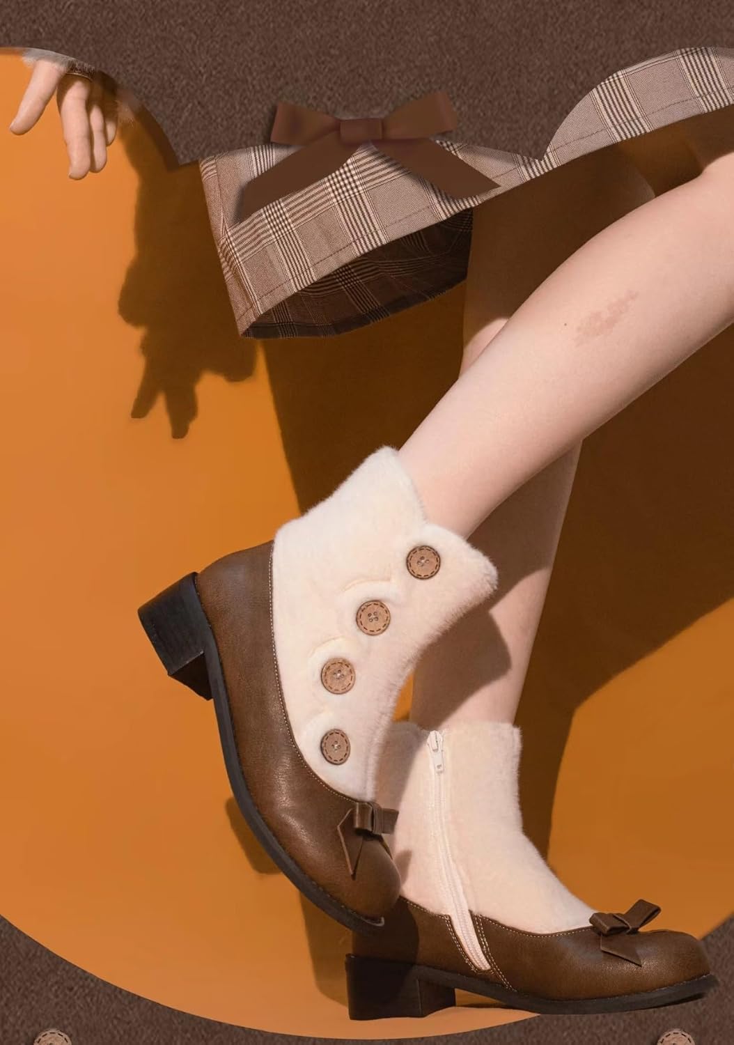 Sweet Lolita Victorian Style Ankle Boots, White Faux Fur Top with Decorative Buttons, Black and Brown Chunky Heels with Bow, Winter Fashion Boots