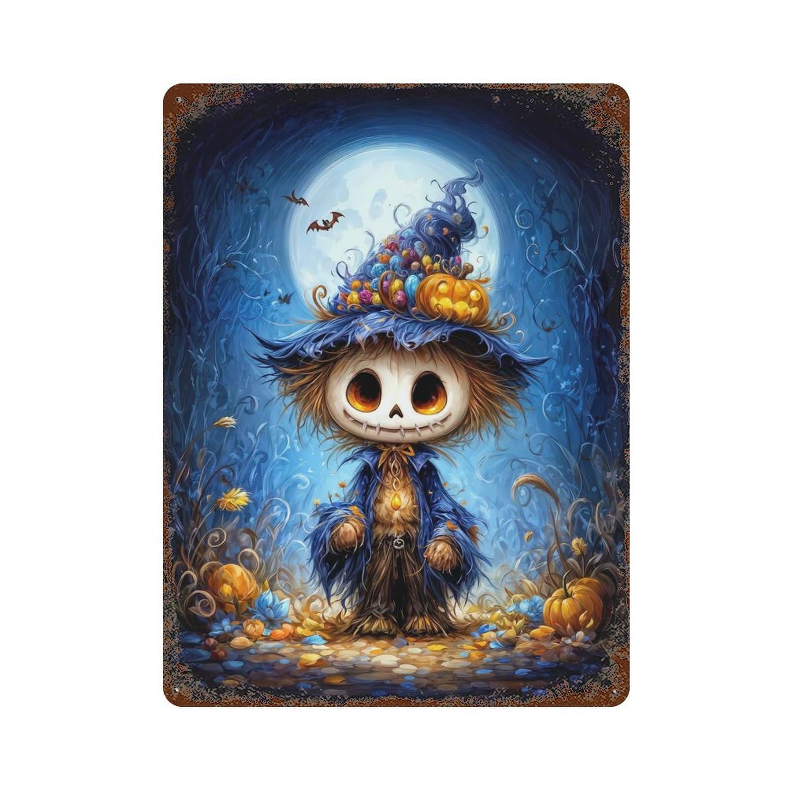 Halloween Scarecrow with Witch Hat Rust Effect Tin Sign 15.7"x11.8", Old School Wall Decor for Living Room, Hallway And Home Decor