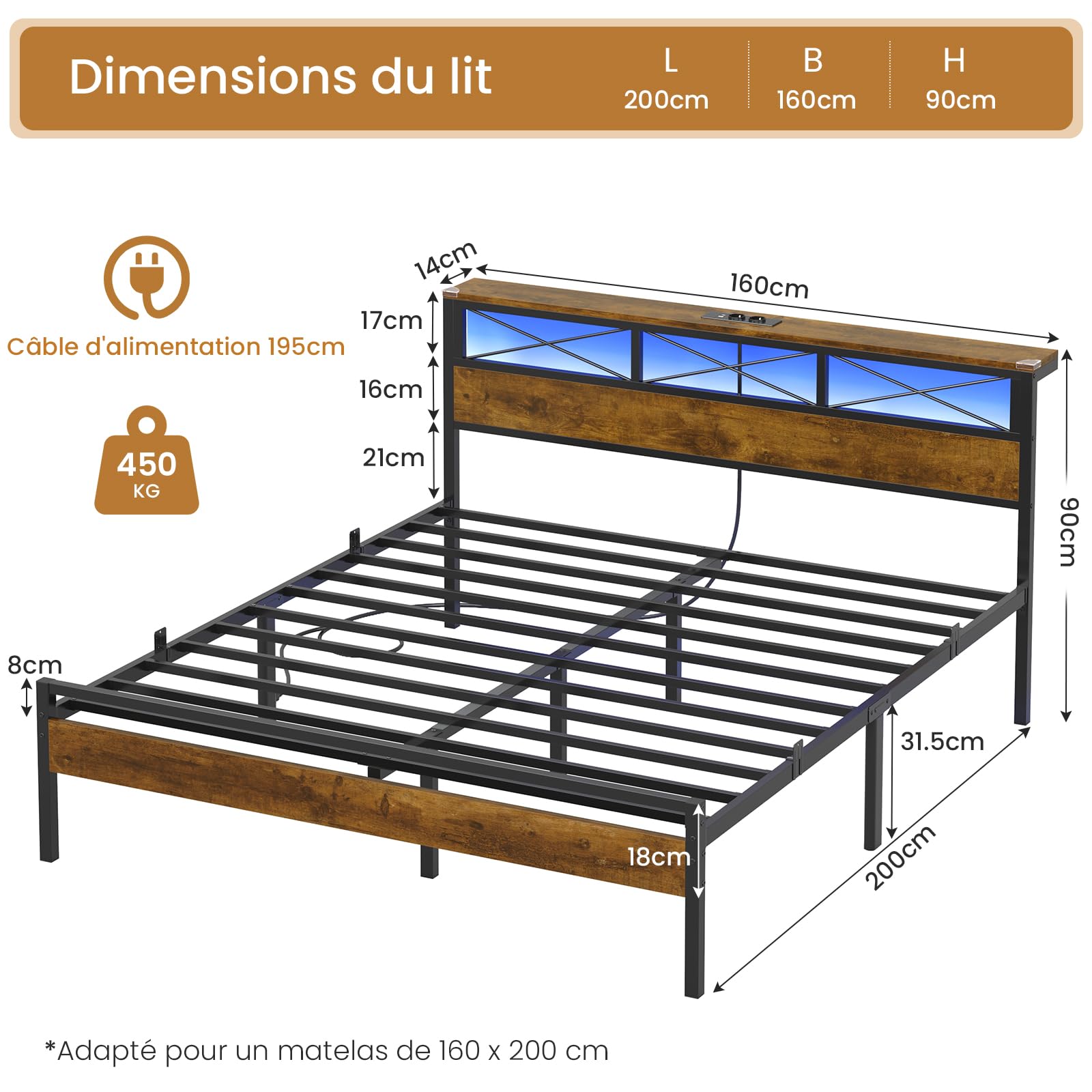 DICTAC Lit 160x200 avec Multiprise et Éclairage LED, Lit 2 Personnes avec Tête de Lit Rangement, Cadre de lit 160x200 en métal, Marron Vintage- Montage Facile
