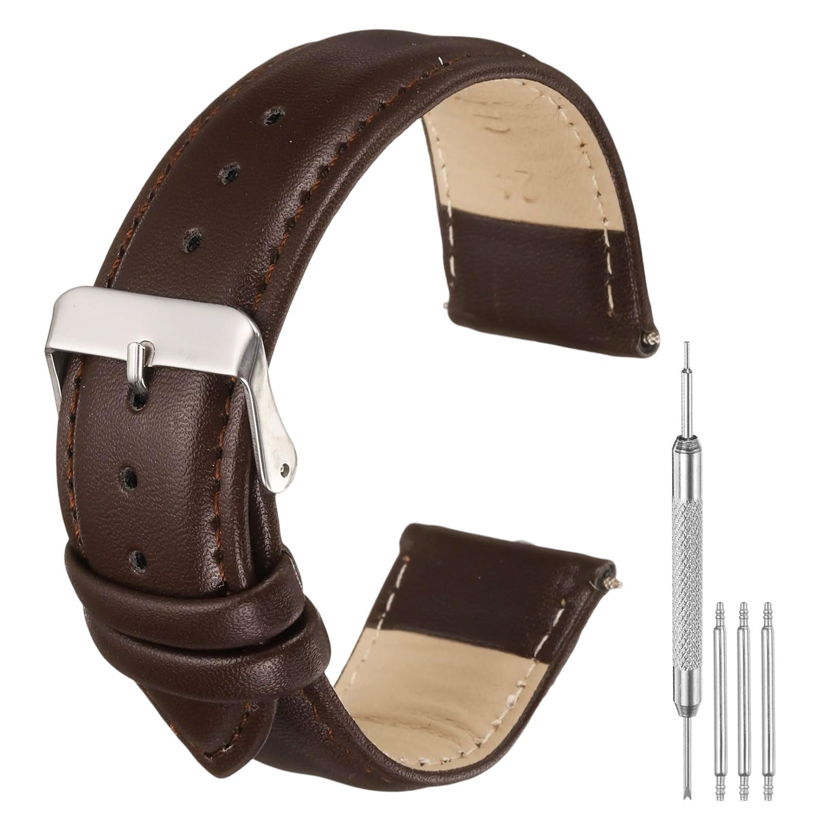 sourcing map Leather Watch Bands for Men and Women, 14mm Quick Release Watch Strap Replacement, Flat Thin Elegant Leather Strap with Tools, Drak Brown