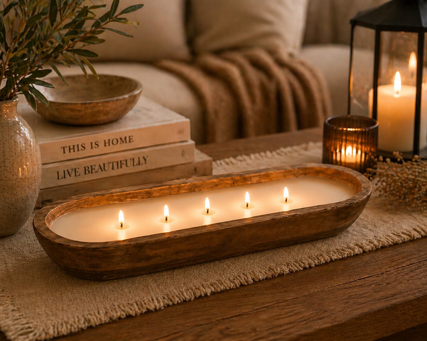Candela profumata allungata in ciotola di legno, lussuosa candela di soia con 5 stoppini, effetto scoppiettante, grande candela d'atmosfera, decorazione rustica per la casa e idea regalo
