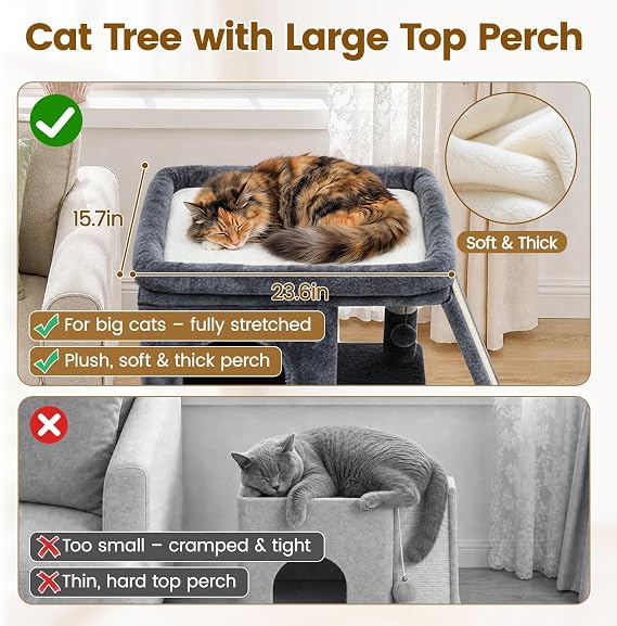 Cat Tree Tower with Scratching Post for Large Kitty, Dark Grey