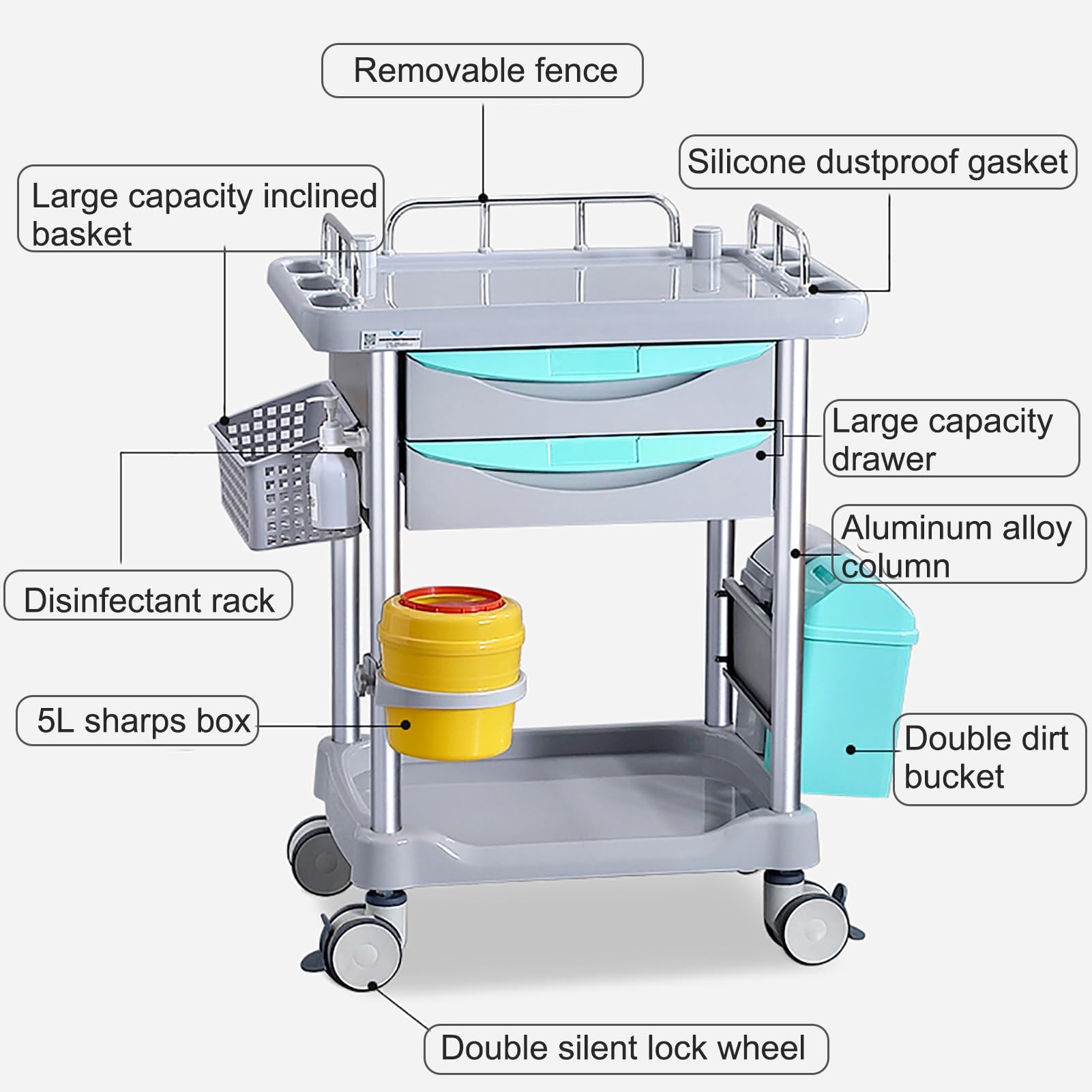 Carrello medico mobile con ruote, carrello multiuso professionale con materiale ABS, per laboratorio, clinica, ospedale, salone, ufficio