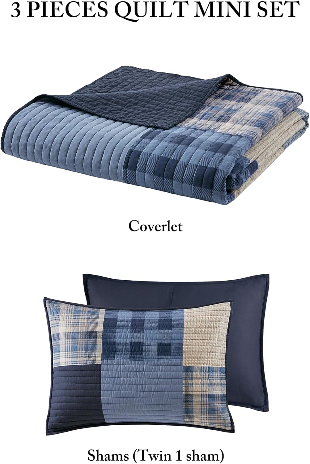 Woolrich Quilt Set Patchwork Channel Quilting, Cottage Coverlet for Twin Size Bed All Seasons, Lightweight Prewashed Cotton Coverlet Bedspread, Shams, Winter Hills, Oversized Full/Queen Blue 3 Piece
