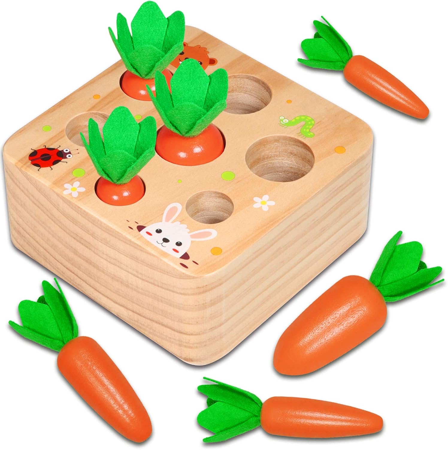 Hamsoo Montessori Toys for Toddlers Age 1, Carrot Harvest Shaped & Size Matching Game Fine Motor Skill Wooden Montessori Toys for 1 Year Old Boys and Girls Baby Preschool Learning Best Gift