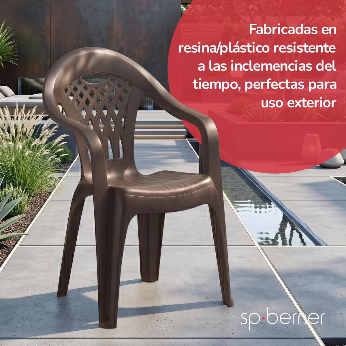 SP Berner SHAF - Pack 6 Sillas de Jardín Apilables - Exterior Terraza o Eventos - Plástico Reciclado Resistente UV - Fabricadas en España - Modelo Cancún - Wengué