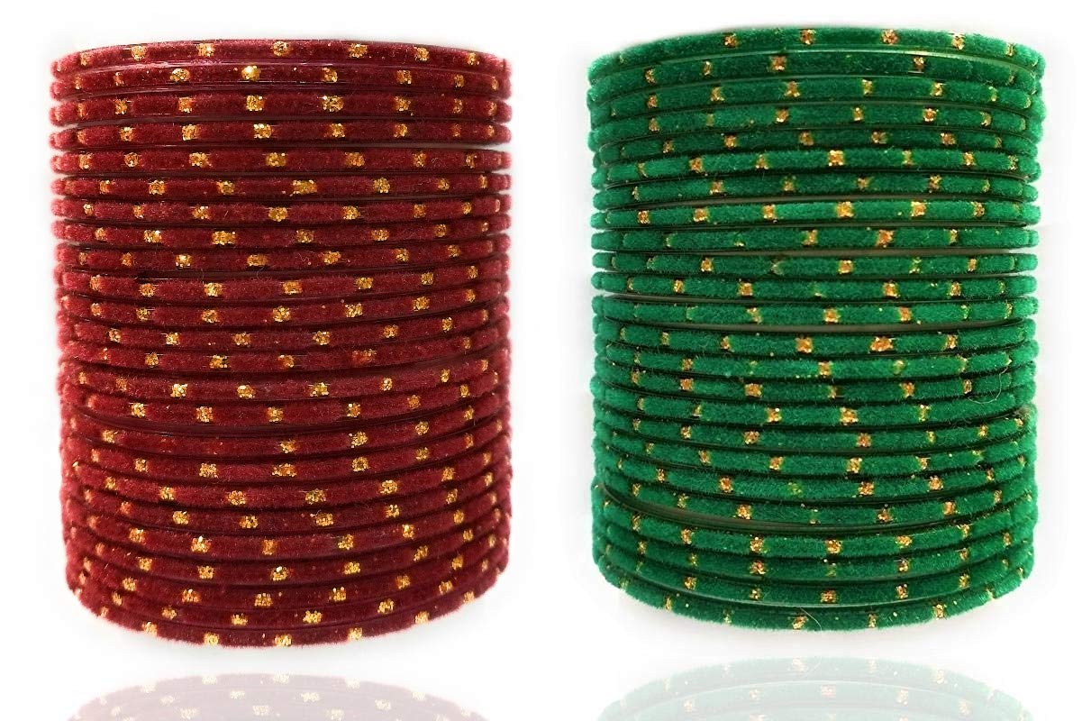 Velvet & Glass Bangle Set (Maroon & Green) Pack of 48