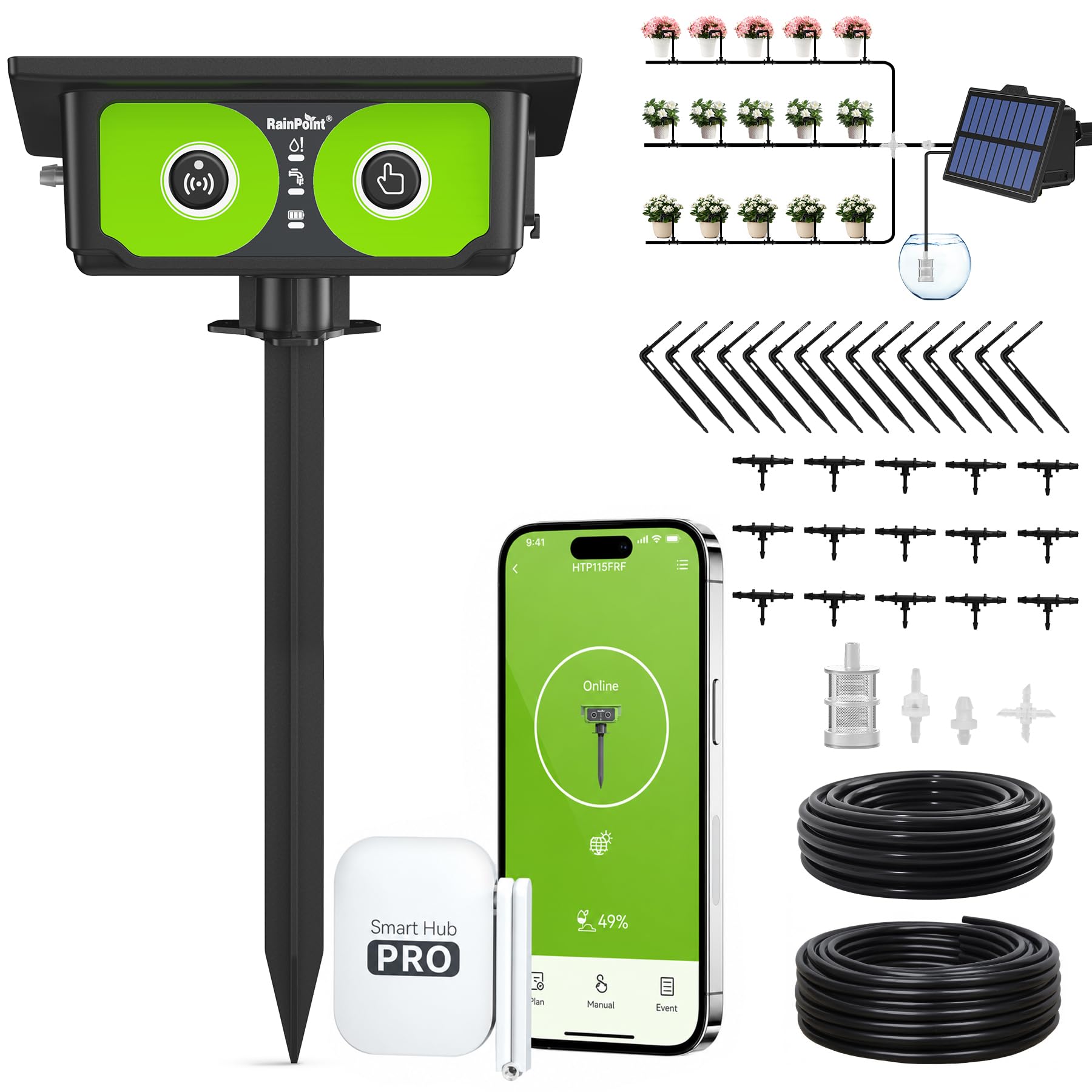 RAINPOINT Kit de Riego por Goteo WiFi Automático Solar, Nuevo Diseño de Manguera para Distribución Uniforme del Agua, Sistema de Riego por Goteo con 90 modos de temporizador, control remoto App