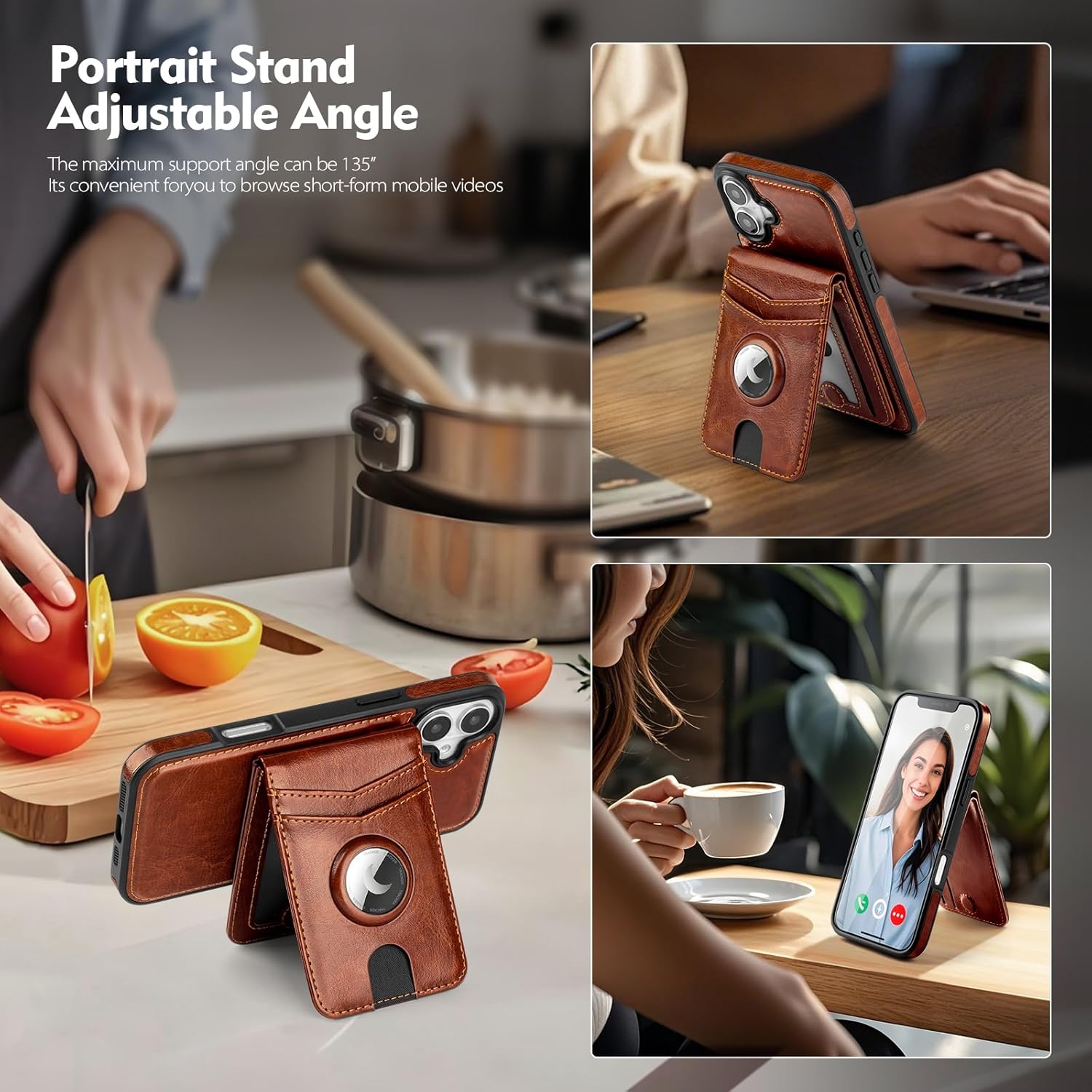 Compatible with MagSafe iPhone 17 Case Wallet with AirTag Holder,2 in 1 PU Leather Magnetic Detachable RFID Blocking Credit Card Holder Flip Cover Kickstand for Men Women,Brown - Image 5