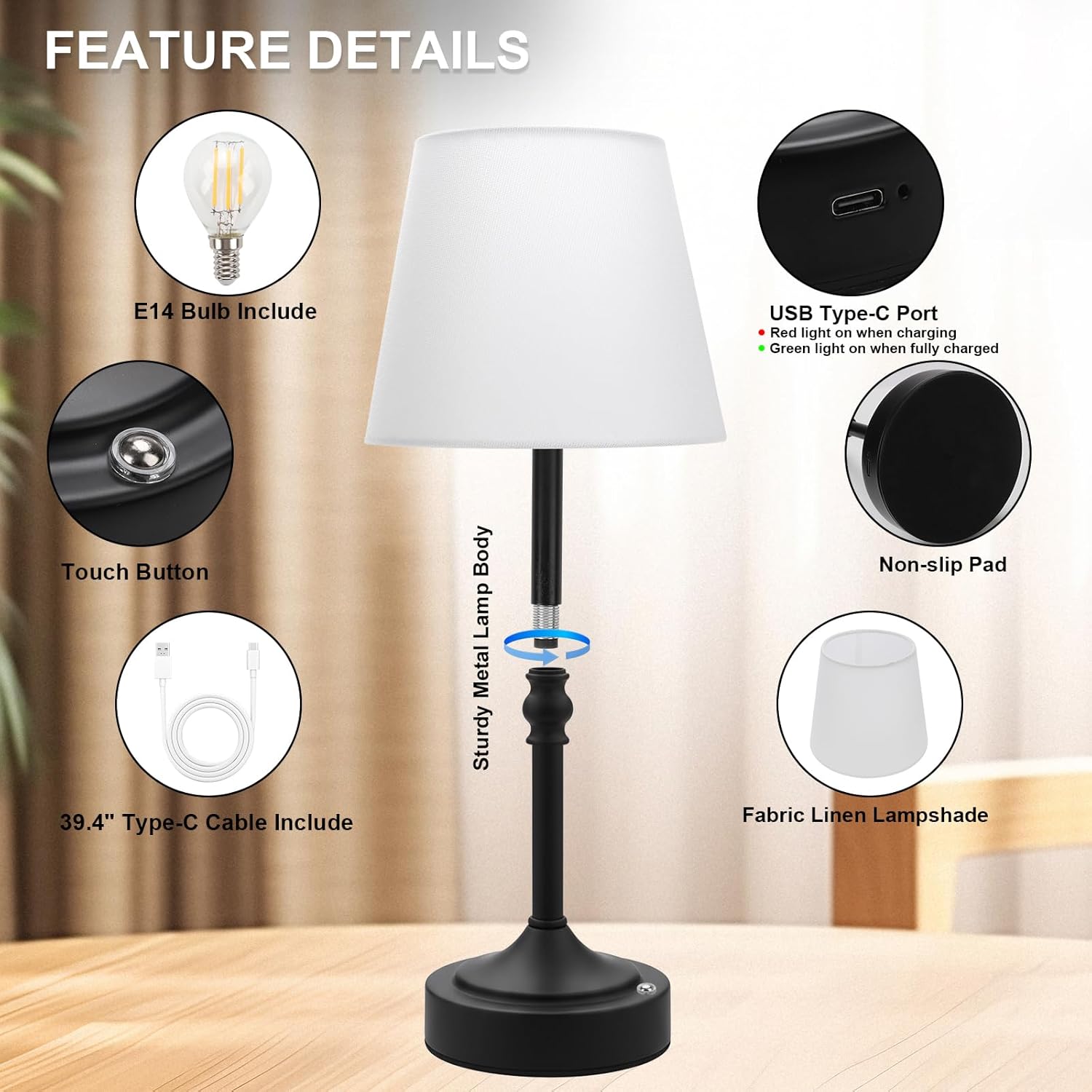 Cordless Lamp Rechargeable LED Table Lamp, 5000mAh Battery Operated, 3 Level Brightness, Portable Night Bedside Lamp, Ambient Desk Light for Home Decor, Patio, Restaurant, Dinning