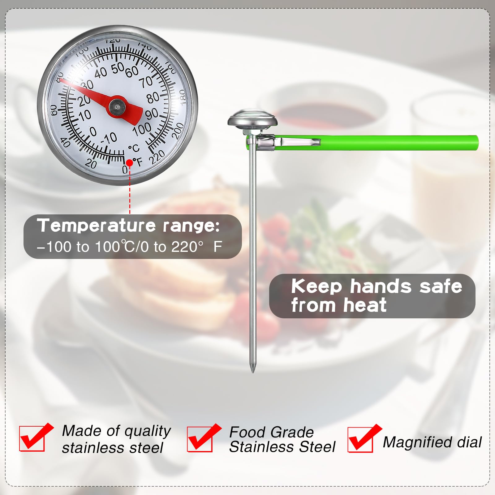 Xuhal 6 termómetros de cocina de acero inoxidable con tallo de 5 pulgadas de largo, termómetro de esfera de 1 pulgada, termómetro de espuma de leche, termómetro de alimentos para sonda de horno,