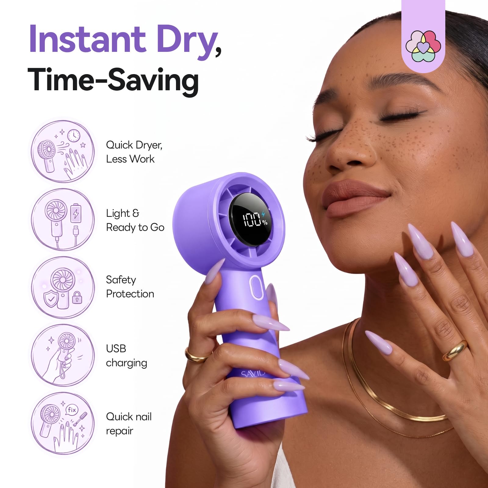 SAVILAND Quick Dry Nageltrockner: Tragbarer Nageltrockner für Normalen Nagellack mit Starkem Luftstrom Automatischem Sensor Warmer und Kühler Windgebläse Batterielos für Zuhause und Salon 2.5W