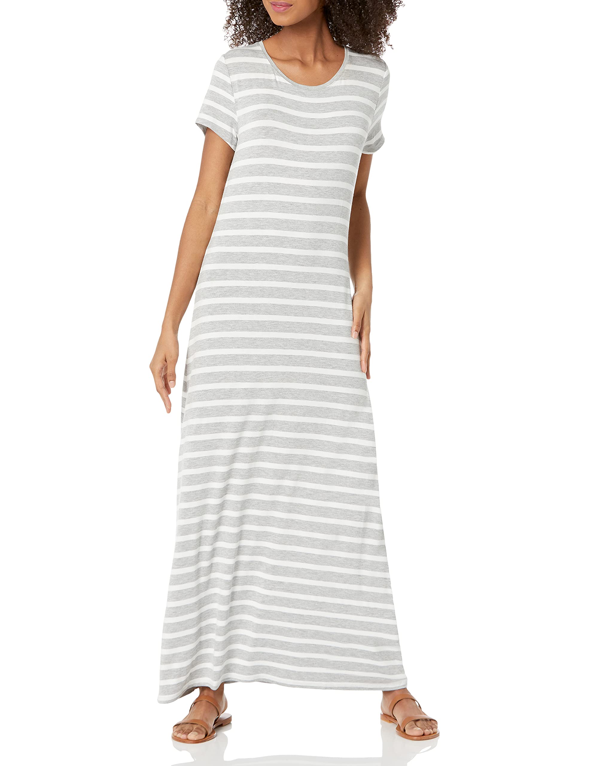 Amazon Essentials Women's Jersey Short Sleeve T-Shirt Maxi Dress, Grey Heather French Stripes, XS