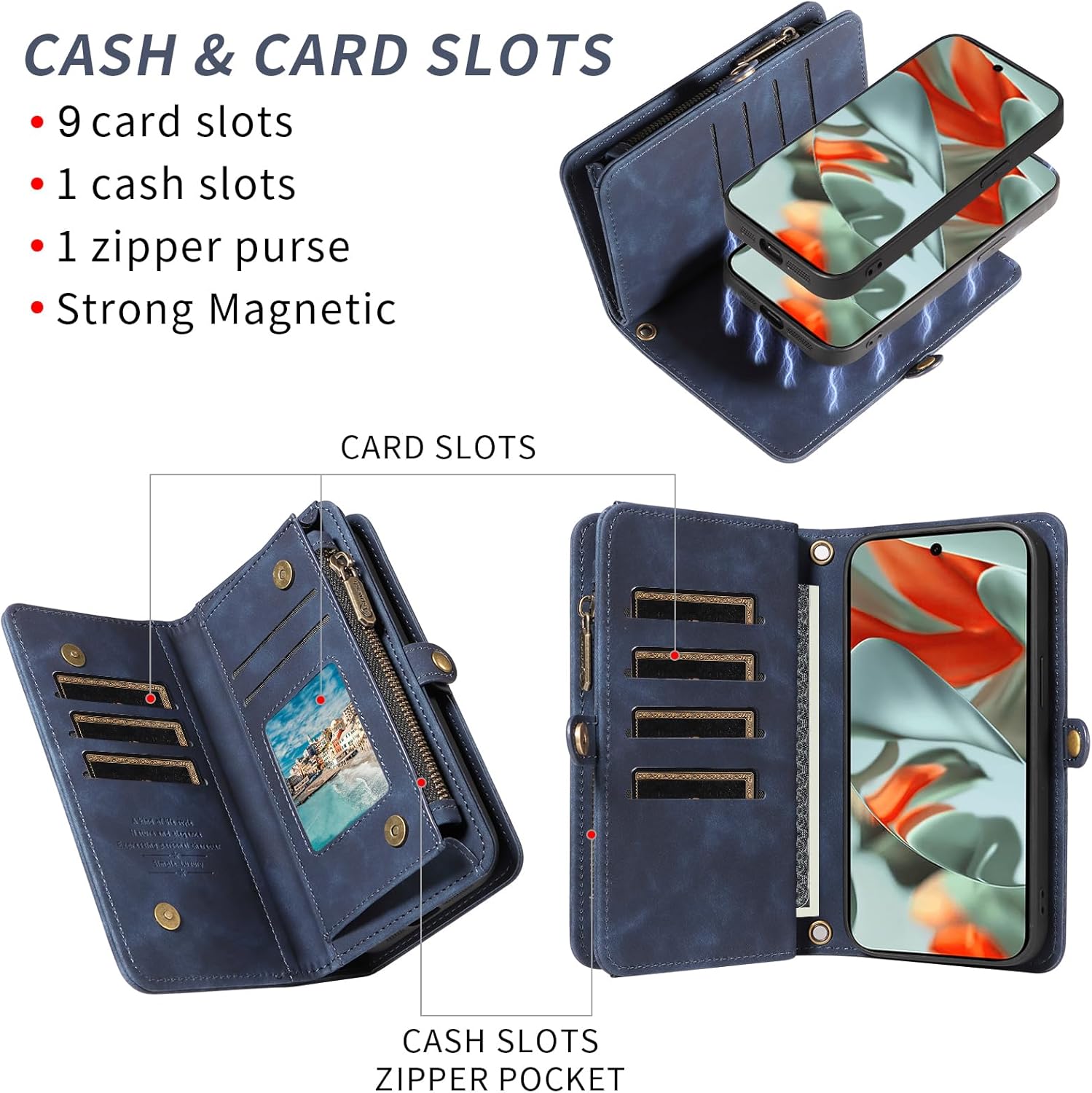 Asuwish Phone Case for Google Pixel 9 Pro XL Zipper Wallet Detachable Cell Cover with Tempered Glass Screen Protector Crossbody Lanyard Strap Flip Card Holder Pixel9 9Pro 9ProXL Nine Women Girls Blue