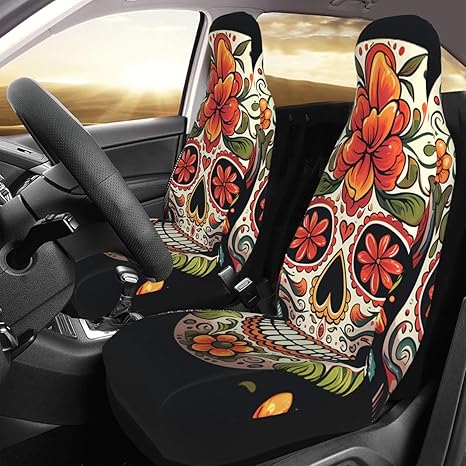 Colorful Sugar Skull Front Seat Covers, Car Seat Covers Only Front Seats, Vehicle Seat Protector Covers for Cars, Universal Front Seat Protective Cover for Cars, Sedan, Truck, SUV 2 Pieces
