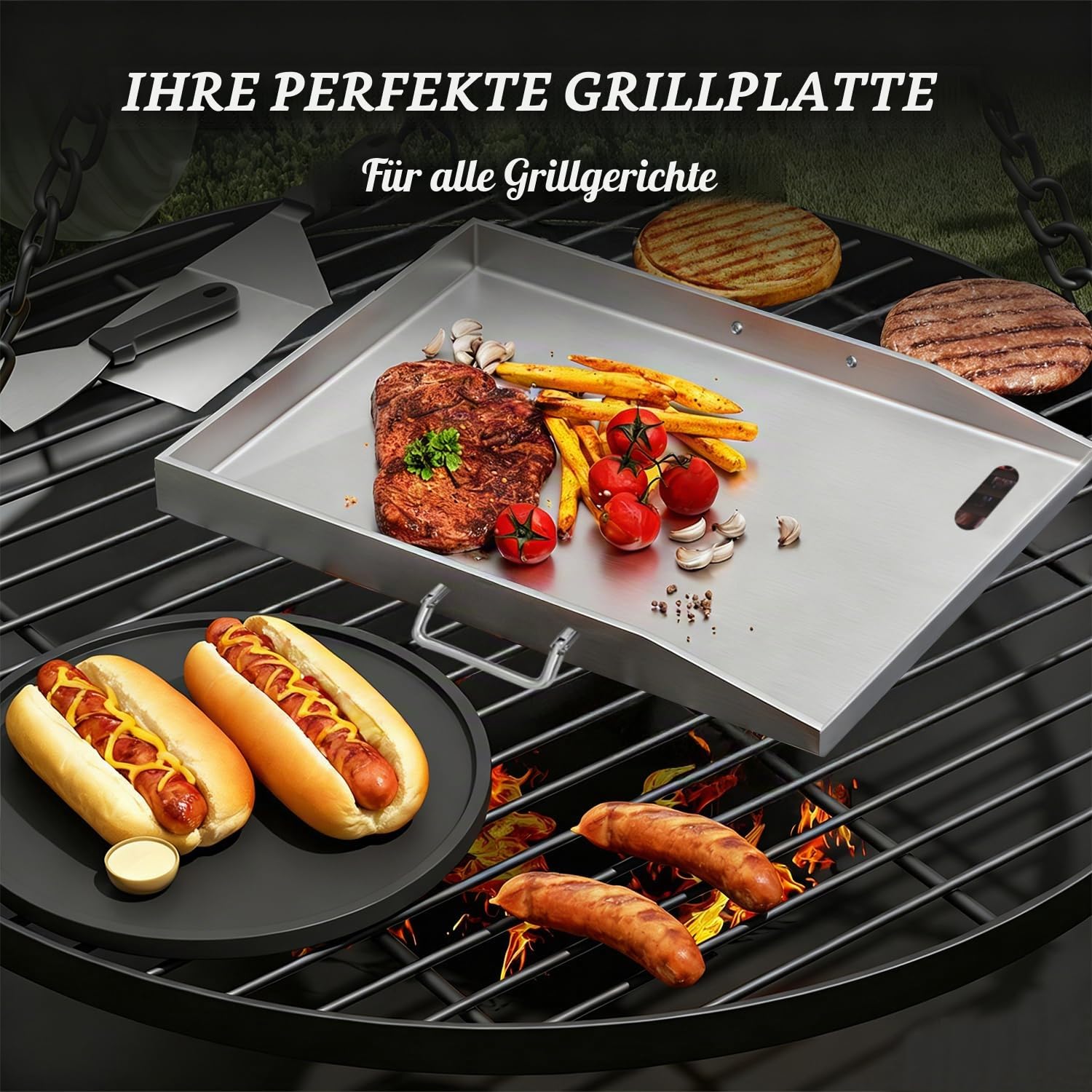 devesanter Grillplatte 40x30cm aus Edelstahl mit Grillspachtel Set | Robuste 304 Edelstahlplatte mit Ölablaufrille. Ideal für Feuerstelle, Grill, Ofen und Herd, inklusive praktischem Zubehör.