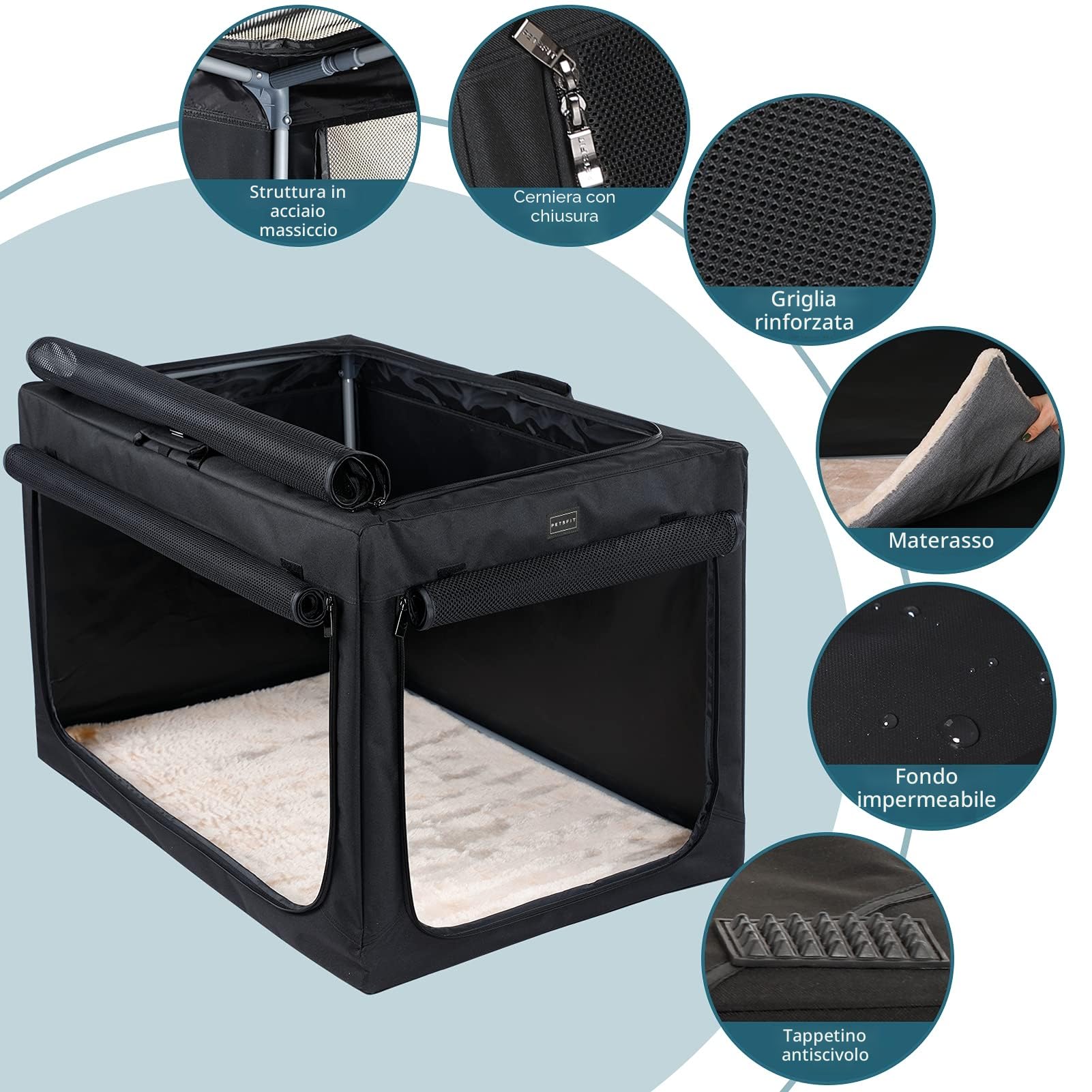 Petsfit Kennel Cane grande, Trasportino per Cane design strutturale regolabile, Cuccia per cani pieghevole, con tappetino spesso per interno e esterno,Nero,XL