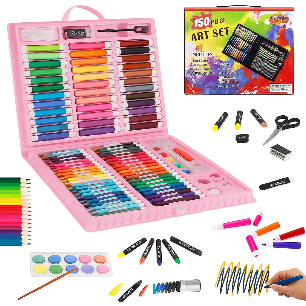 WISHKEY 150 Pieces Art Set for Kids with Case, Art and Craft Supplies Kit for Drawing and Painting, Color Set with Markers, Water Colors, Brush, Color Pencils, Crayons (Pack of 1, Pink)