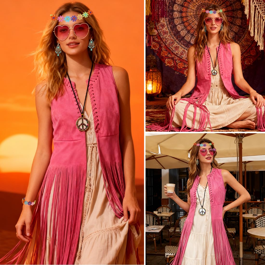 Aurasky Hippie Kostüm Damen, Hippie Fransenweste Brille Peace Halskette Haarband Armband Ohrringe, 70er Jahre Bekleidung Damen, Cowgirl Kostüm für Mottoparty Fasching Karneval