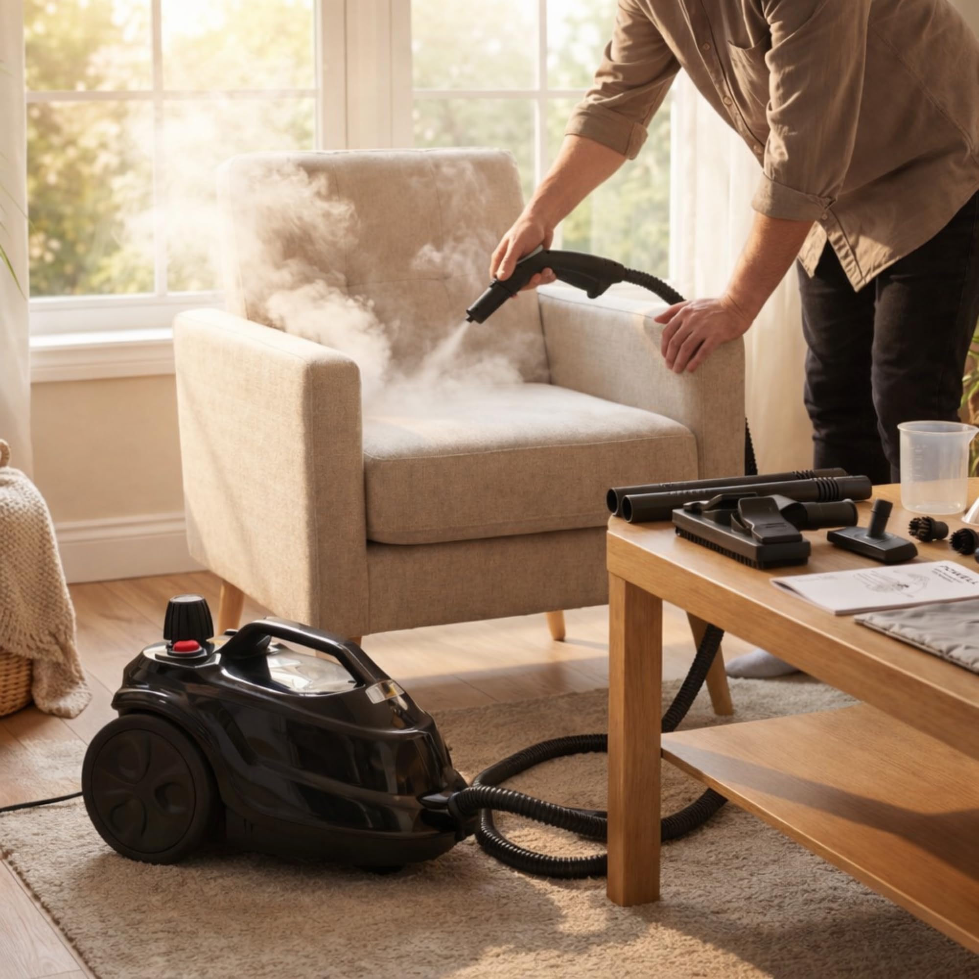 Powell Limpiador A Vapor De 2000 W - Mopa A Vapor Multisuperficie Para Alfombras, Suelos, Sofás Y Baños | Máquina Quitamanchas Con Accesorios Para Ventanas Y Azulejos - Negro