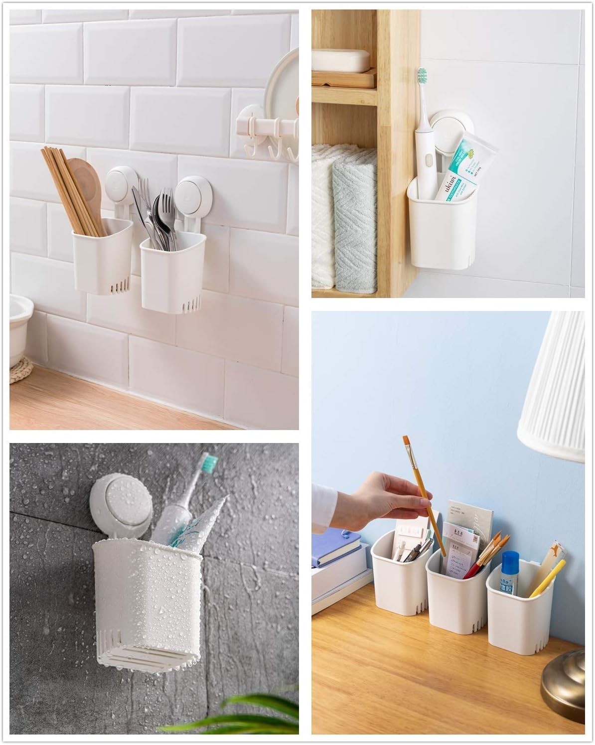 Bathroom & Kitchen Suction Cup Storage Basket Set Pack of 2 Wall Mounted Organizer for Toothbrush, Toothpaste, Soap, Shower Caddy Drill-Free with Vacuum Suction Cup for Kitchen & Bathroom
