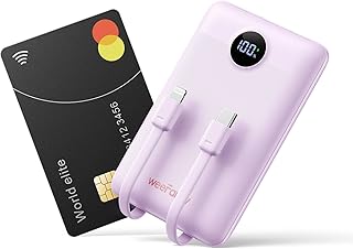 Batterie Externe 10000mAh, WeeFancy Power Bank Charge Rapide PD 22.5W avec Câbles Intégrés USB C Sortie, Mince Légère Portable Chargeur Affichage LED, Universel Compatible iPhone/Samsung (Violet)