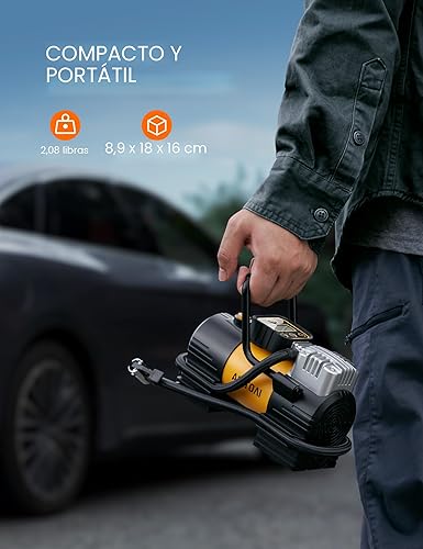 Miniatura 5 de AstroAI - Compresor de aire portátil para inflar neumáticos hasta 150 PSI, bomba de aire digital de 12 V CC con 12 luces LED superbrillantes, para