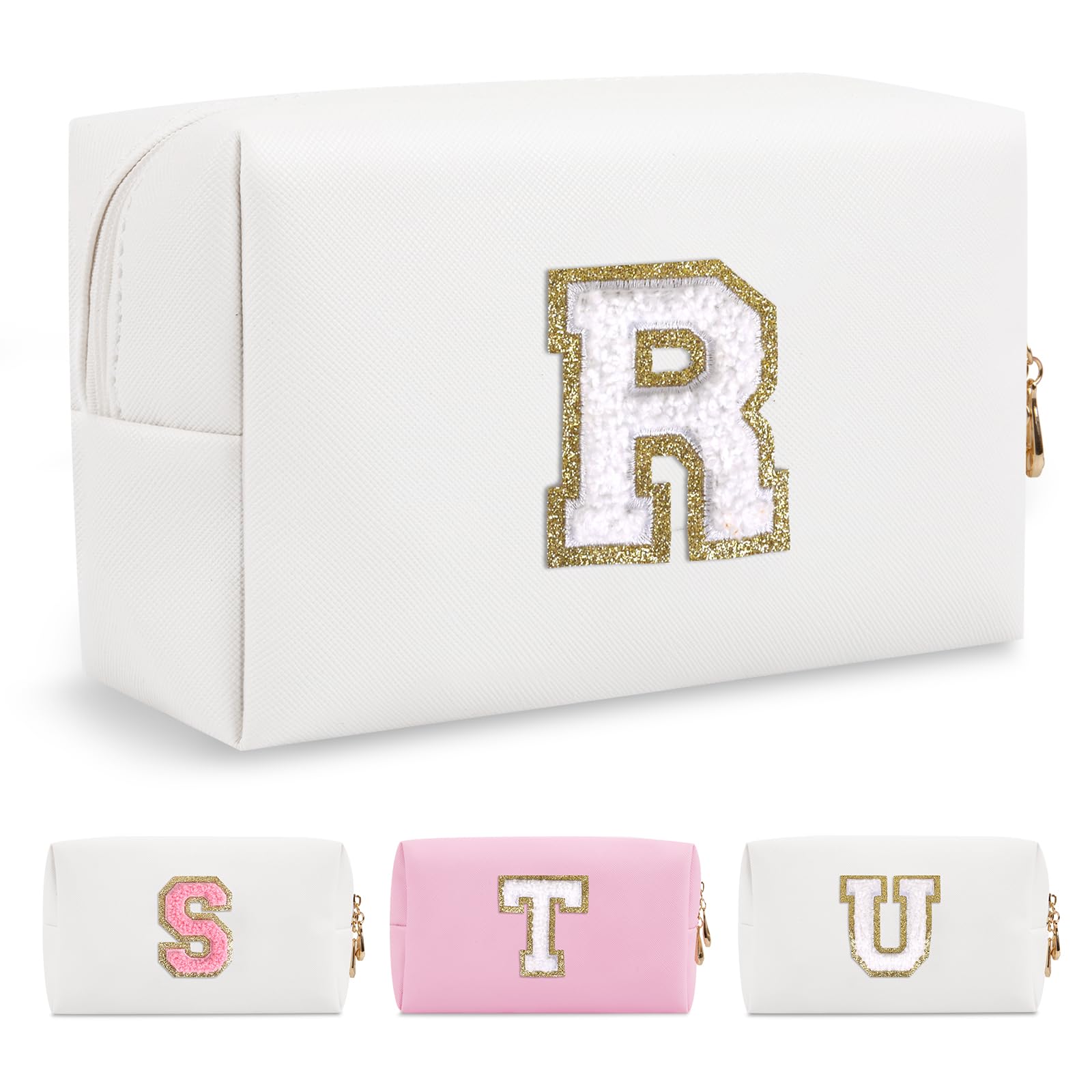 Small Personalized Initial A-Z Preppy Patch Makeup Bag,White PU Chenille Letter Travel Cosmetic Pouch with Zipper,Cute Toiletry Bag,Gift Ideal for