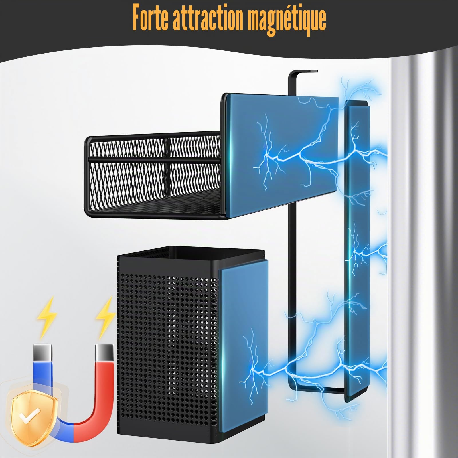 DTUQYX Lot de 6 étagères magnétiques en métal noir avec porte-serviettes en papier, porte-ustensiles, aimants puissants, économie d'espace