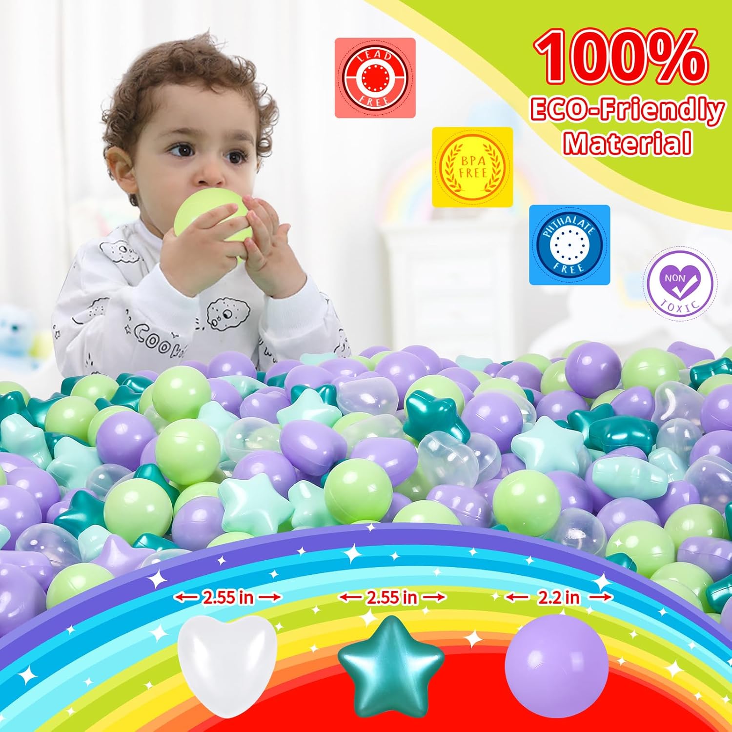 Star Ball Pit Balls for Toddlers -100pcs Ocean Balls Phthalate Free BPA Free Non-Toxic Crush Proof Play Balls Play Tent Pool Playhouse Playpen Party Indoor Outdoor(Mint Lavender)