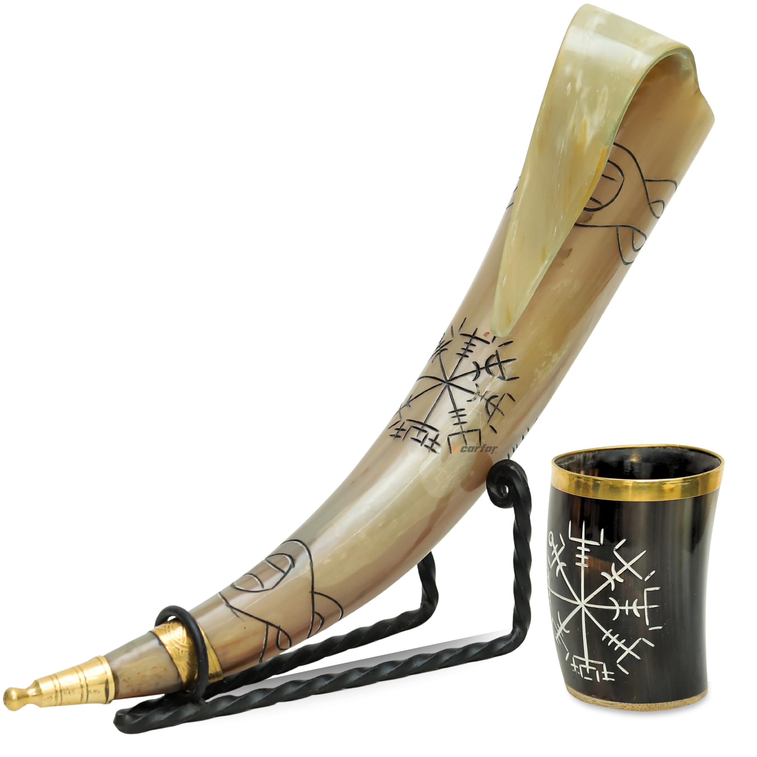 Corne à boire Viking artisanale en corne de bœuf véritable et gravure runique