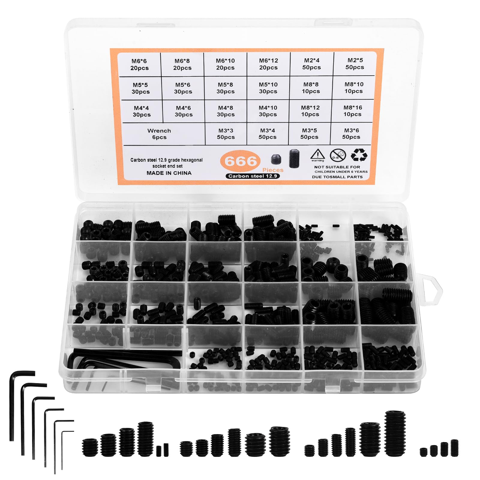 Lot de 666 vis sans tête à six pans creux M2 M3 M4 M5 M6 M8 Vis sans tête à six pans creux Vis vers Allen Acier au carbone Assortiment de vis sans tête avec clé Allen