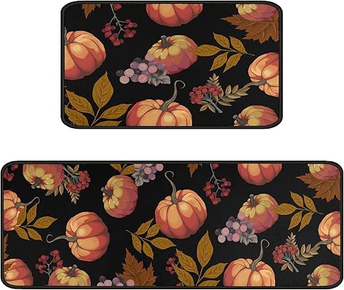 Juego de 2 alfombras y tapetes de cocina de calabaza de otoño, alfombras de cocina de Acción de Gracias, decoración de cocina de otoño, tapete