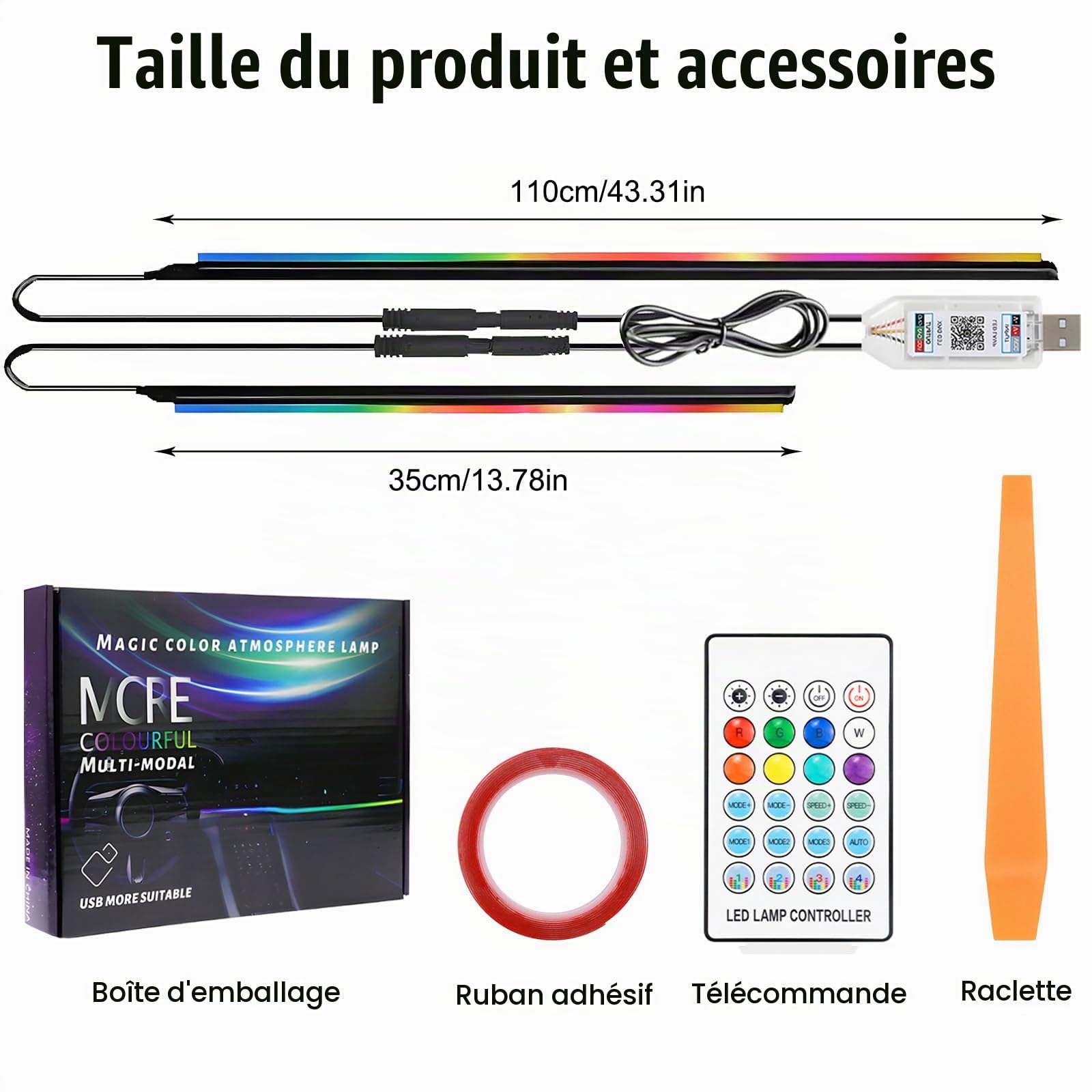 Led Ambiance Voiture, 110 Cm + 35 Cm Led Voiture Interieur, Avec 220 Modes Dynamiques, Usb, Prend En Charge La Commande Bluetooth