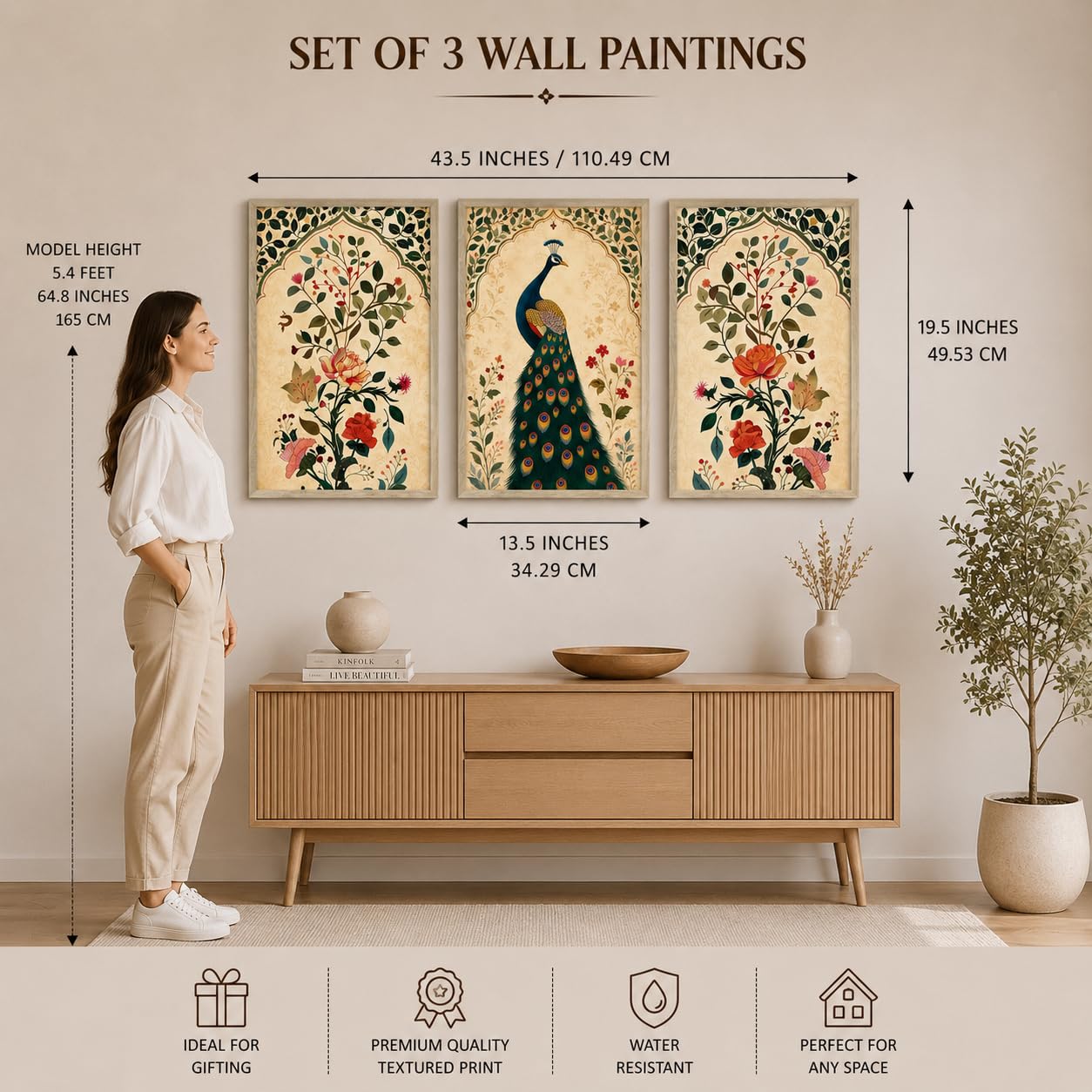 Livin'luxe Peacock Wall Art Set - 3 Floral Paintings -6