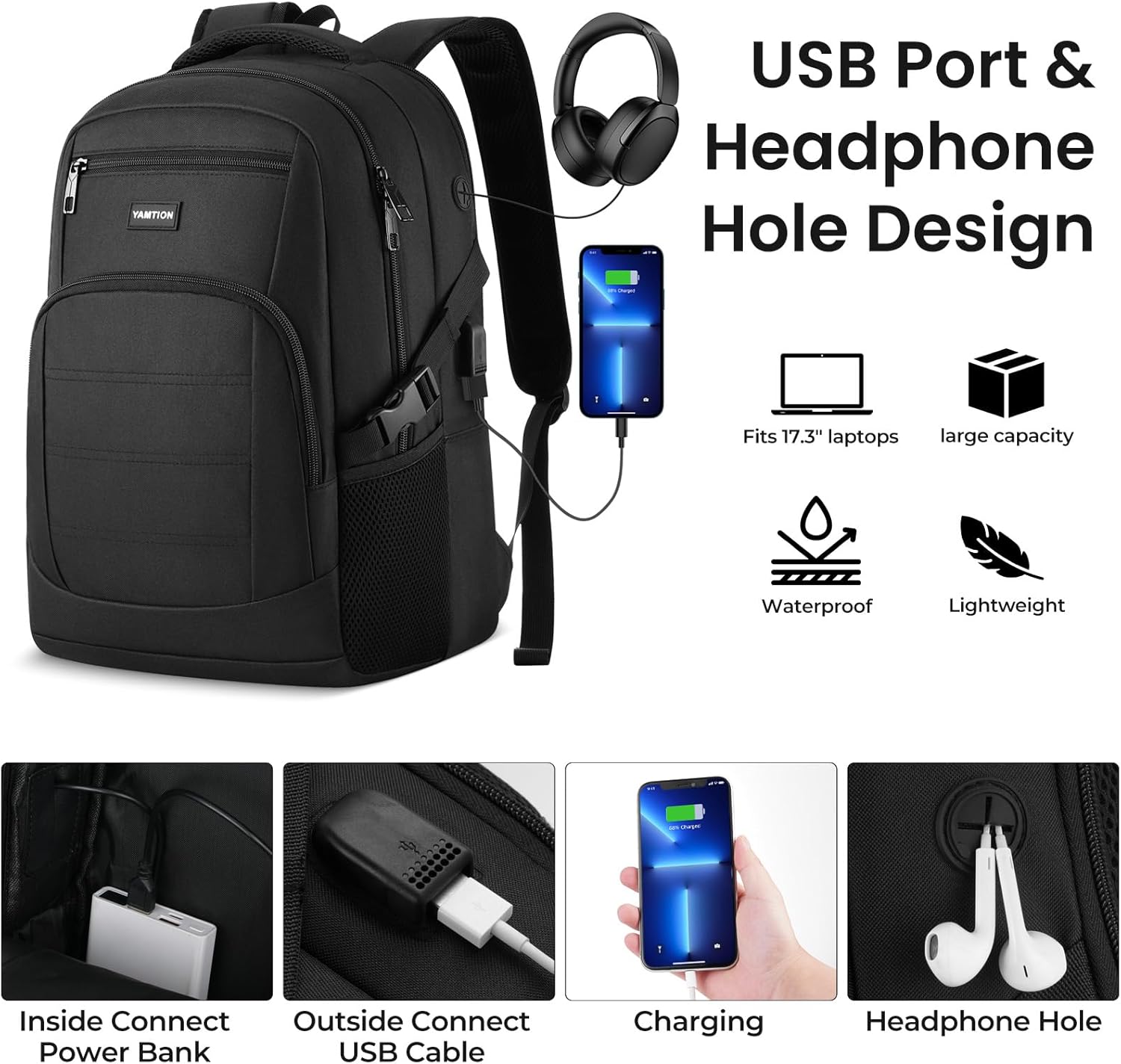 YAMTION Black Backpack for Men and Women, Laptop Backpack with USB Charging Port, School Backpack for Boys and Girls, Lightweight Bookbag, Work Backpack Fits 15.6 Inch Notebook - Image 3